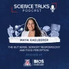 Promotional image for the Science Talks Podcast Episode 67 featuring Maya Kaelberer, discussing "The Gut Sense: Sensory Neurobiology and Perception." The image includes the BIO5 Institute and University of Arizona logos.