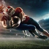 Two football players in a tackle during a night game at a stadium.