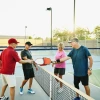 Four adults engaging in a friendly handshake over a net on a pickleball court, with tennis rackets and balls visible, during a sunny day.