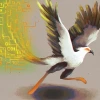 Illustration of a Secretary Bird in mid-stride against a backdrop featuring abstract digital circuit patterns.