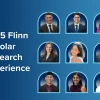 Nine individuals with professional attire are shown in separate arched frames against a blue background. The text on the left reads, "BIO5 Flinn Scholar Research Experience.