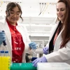 Two individuals in lab coats are working in a laboratory setting. One person is using a pipette with yellow liquid in vials on the table. 