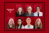 Promotional image titled 'Women of Impact' featuring eight individuals in formal attire against backgrounds with a red maple leaf pattern.